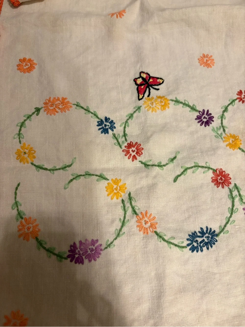 Hand-Embroidered White Linen tablecloth with Colorful Floral Swirls Butterfly